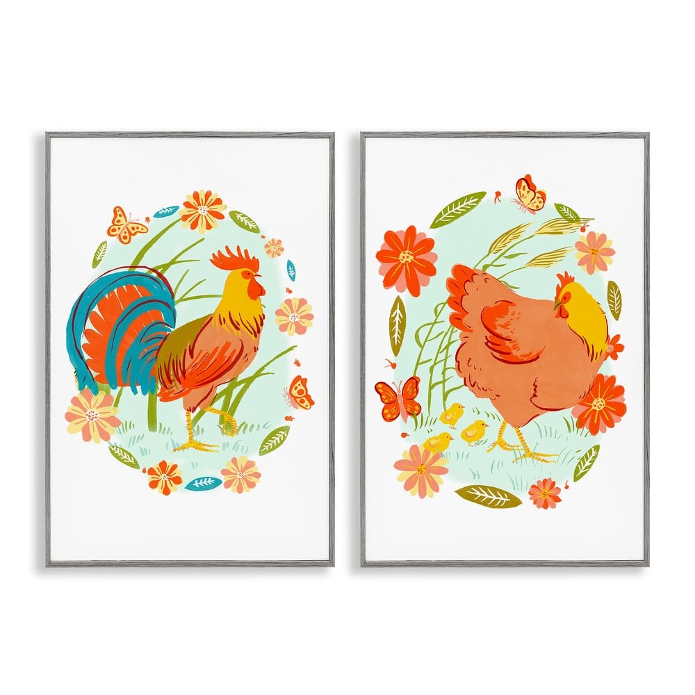 Stupell Rooster & Hen with Florals Framed Giclee Art Design By Hannah Moren (Set of 2)