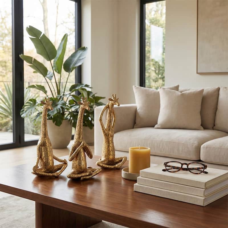 Decorative Resin Yoga Giraffe Figurines - Set of 3, 12", Gold - 12.0"