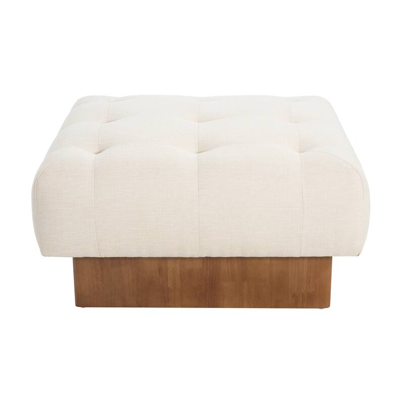 Square Upholstered Tufted Linen Fabric Ottoman, Solid Wood Legs, Beige