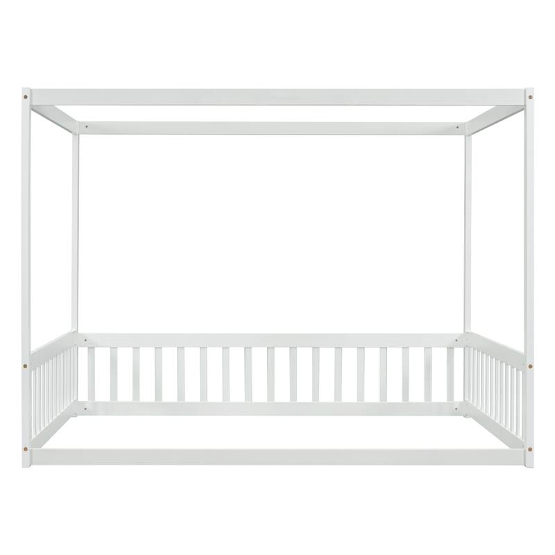 Full Size Canopy Frame Floor Bed with Fence and Guardrails in White