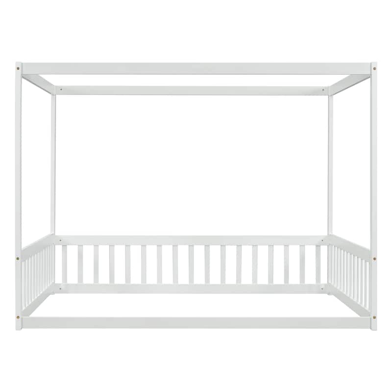 Roomfitters Full Canopy Frame Floor Bed, Rubber Wood Platform with Guardrails and Low-Profile Design, White