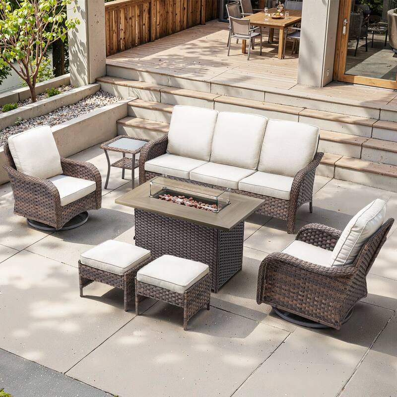 Cavira Brown Wicker Patio Fire Pit Conversation Set with Swivel Gliders