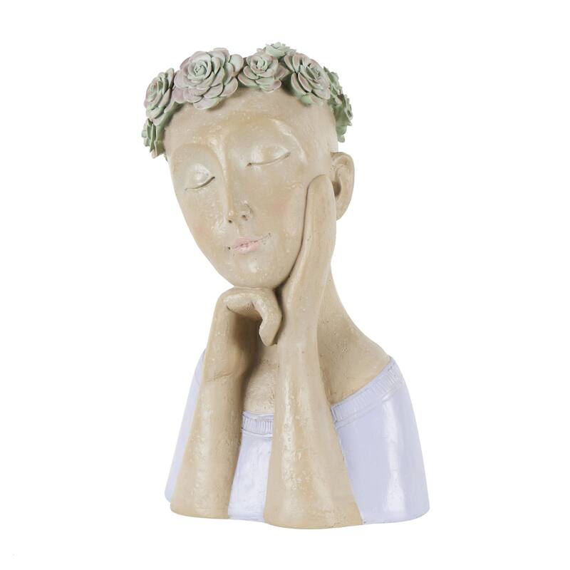 Resin Woman Bust Indoor Outdoor Planter with Succulent or Flower Crown and Orange or Blue Top - Beige - Roche River Decor