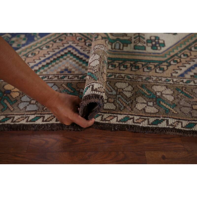 Beige Geometric Bakhtiari Vintage Persian Rug Handmade Wool Carpet - 4'10" x 9'9"