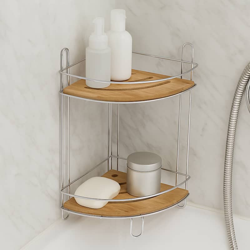 Corner Bathroom Organizer Storage Tower 3 or 2 Shelves Bamboo Black Metal - 2 Shelves - Chrome / Bamboo