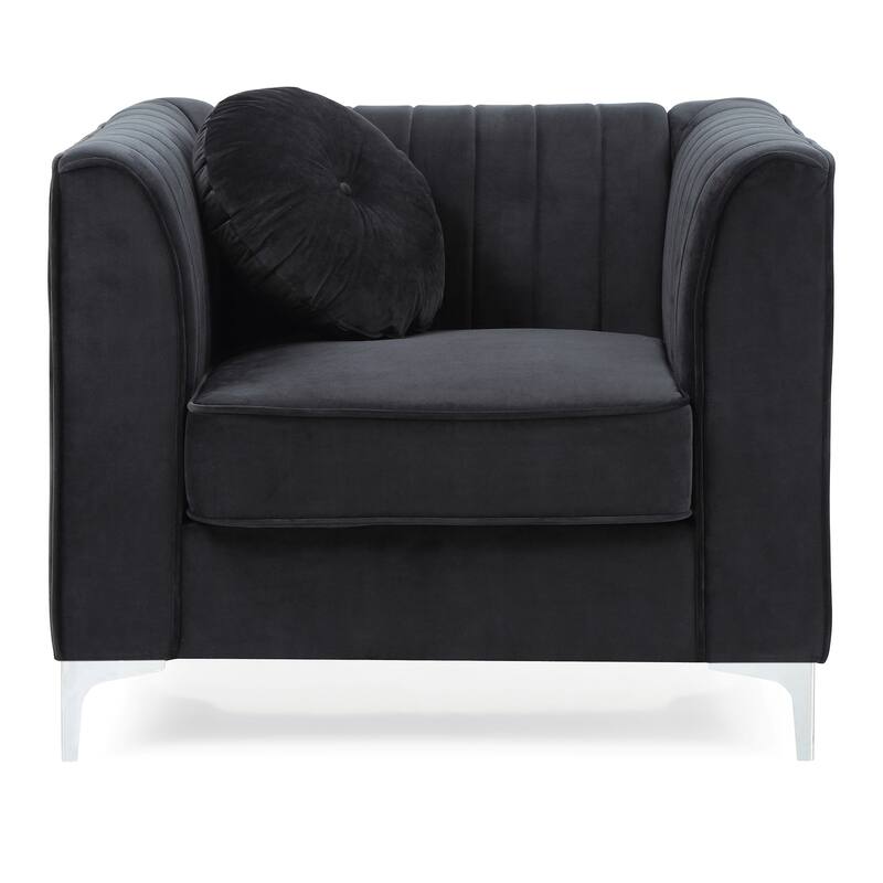 Velvet Tufted Channel Quilted Accent Chair with Round Throw Pillow - 40" - Black