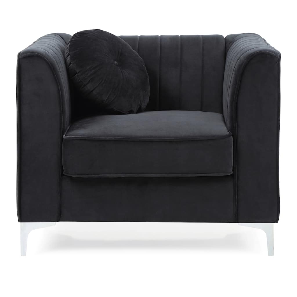 Velvet Tufted Channel Quilted Accent Chair with Round Throw Pillow - 40" - Black