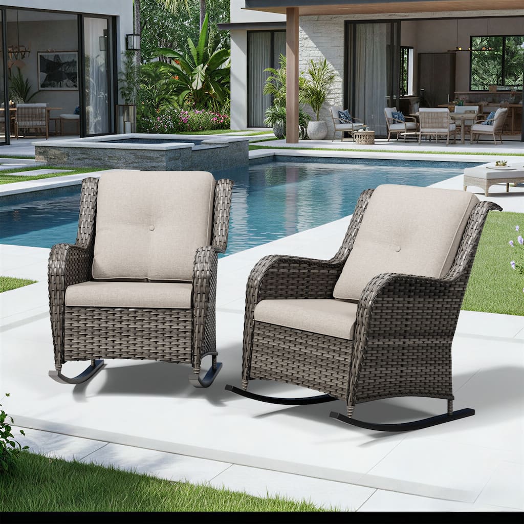 COZYWOR Patio Wicker Rocking Chair Set with Cushions