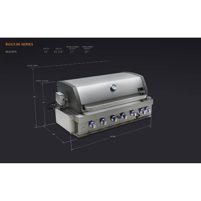 Mont Alpi MABi805-COMBO 6-Burner Black Stainless Steel Built-in BBQ Grill with Outdoor Compact Refrigerator & Accessories - N/A