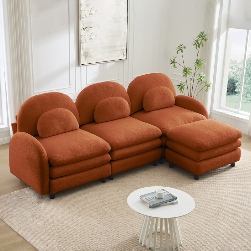 98.2" Teddy Fabric Sectional Sofa with Curved Pillows and Ottoman