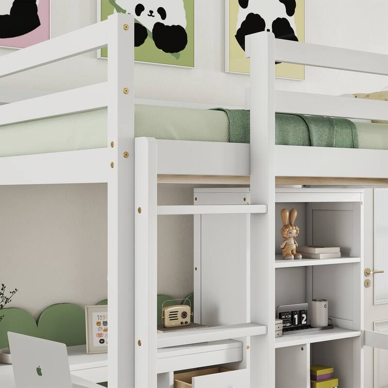 Full Size Loft Wood Bed with Desk, Storage Shelves, Drawers, and Built-in Ladder, White