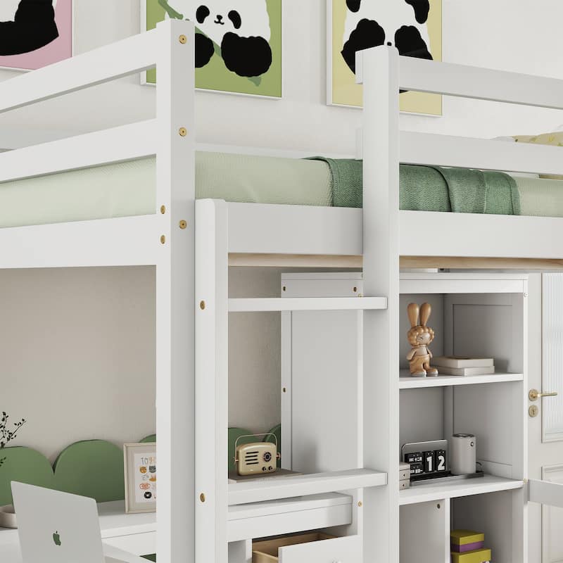 Full Size Wood Loft Bed with Desk and Storage