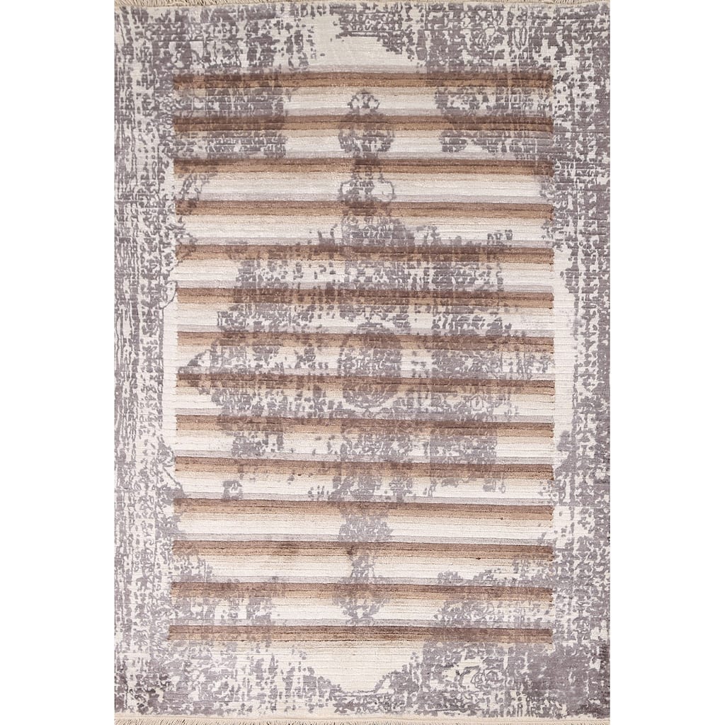 Striped Abstract Area Rug Handmade Oriental Wool Carpet - 4'0"x 5'9"