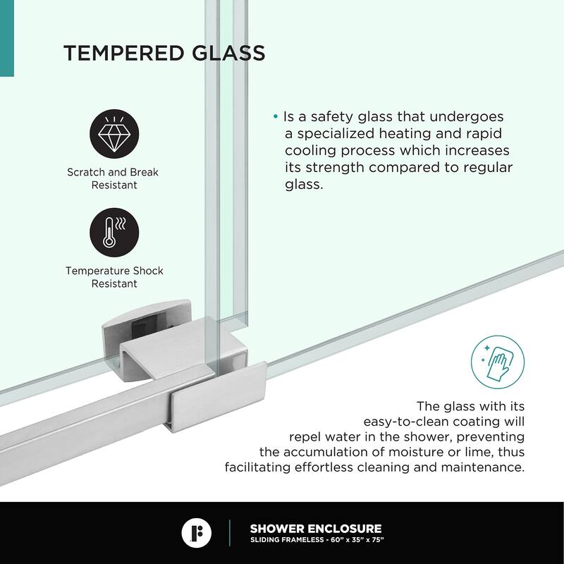 Fine Fixtures Frameless Shower Enclosure Sliding Shower Glass Door - Tempered Glass