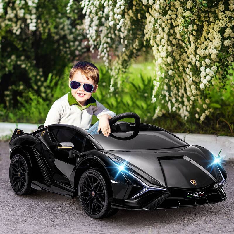 Black Lamborghini SIAN 12V Ride-On Car for Kids, Electric Car with Parental Remote Control, Horn, Music, and Seat Belts