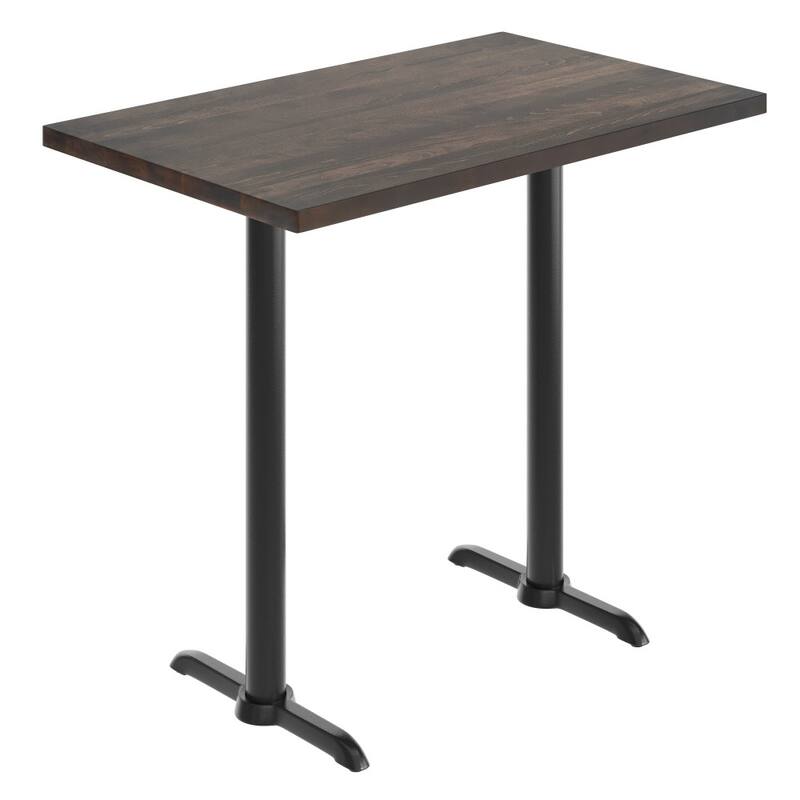 Rectangular Solid Wood Commercial Tabletop w/ Dual 22" x 22" Bar Height T-Bases - 30"W x 48"D x 42"H - Dark Brown Top/Black Base