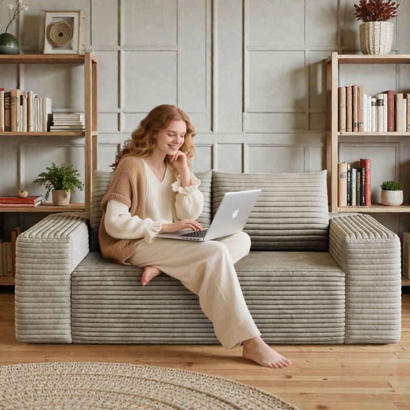 63" Corduroy 2-Seater Sofa, Deep Seat Comfy Loveseat Couch, No-Assembly Soft Fabric Sofa for Living Room & Apartments