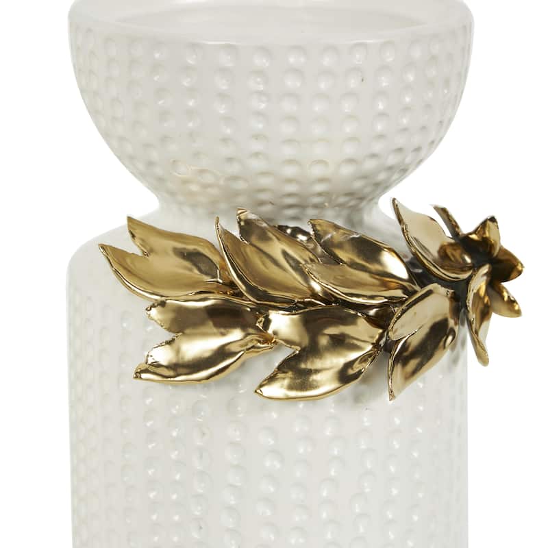 Ceramic Decorative Candle Holder with Abstract Spotted Pattern and Gold Leaf Accents - Set of 2 White - Roche River Decor
