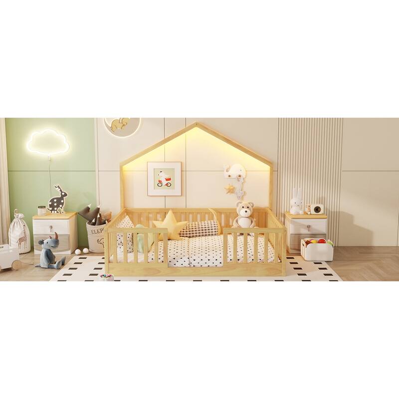 Roomfitters Twin/Full Floor Platform Bed, House Frame and LED Light with Wooden High Rails for Bedrooms or Guest Rooms
