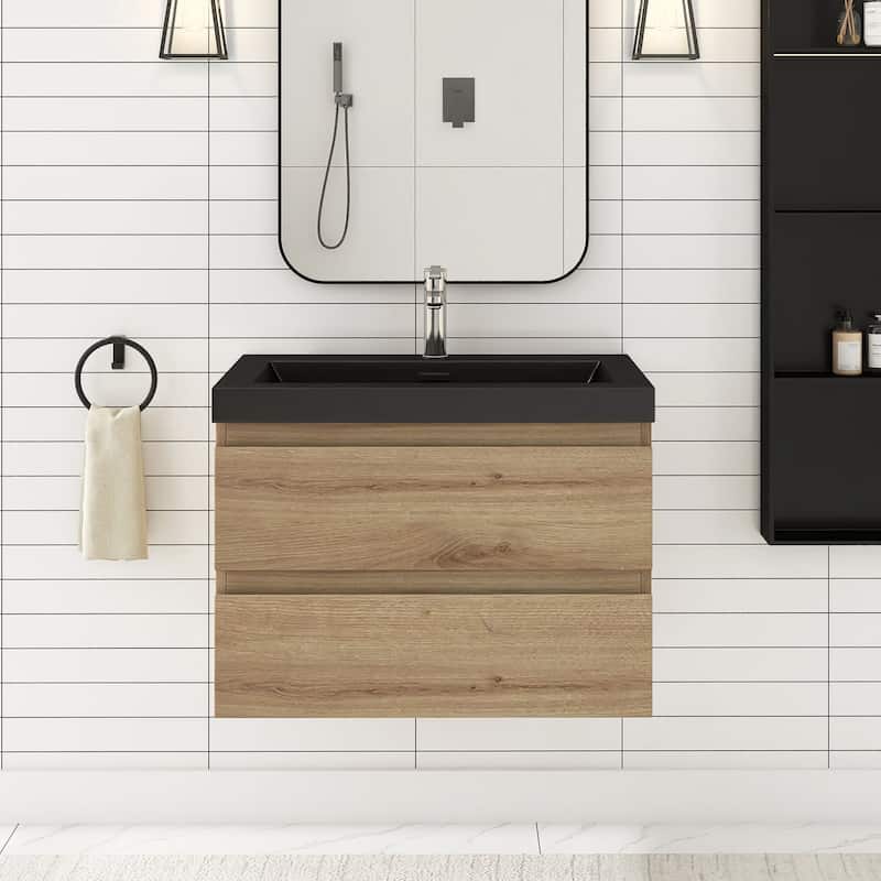 MDF Wall-Mounted Bathroom Vanity Set in Oak with Integrated Culture Marble Sink