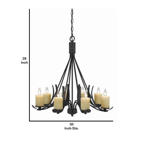 8 Bulb Metal Frame Chandelier with Candle Lights, Black and Beige Bed