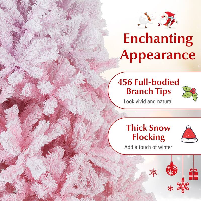Gymax Artificial Christmas Tree Hinged Snow Flocked Xmas Tree w/ Lush - Pink, White