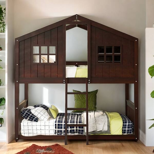slide 2 of 16, Twin Over Twin House Bunk Bed With Ladder and Guardrail, Espresso Espresso