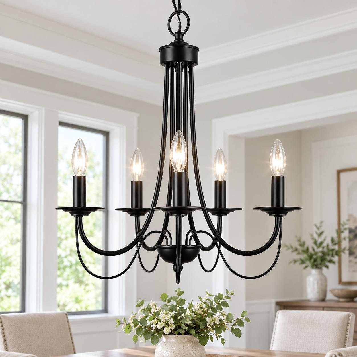 Modern Farmhouse 5-Light Black Classic Wheel Chandelier for Dining Room