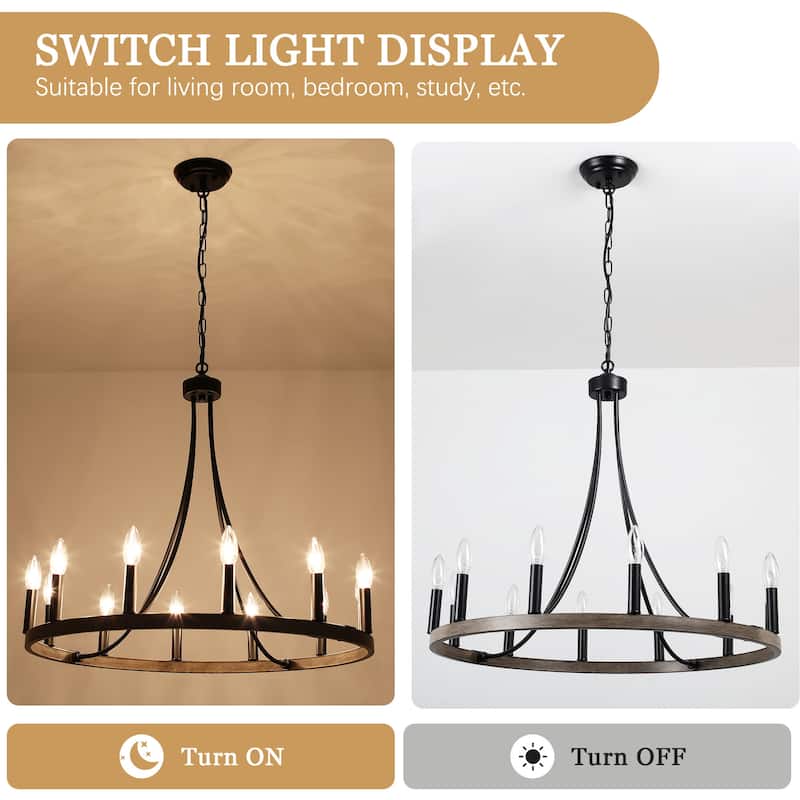 12-light Rustic Farmhouse Wagon Wheel Chandelier Candle Dining Room Lighting - N/A