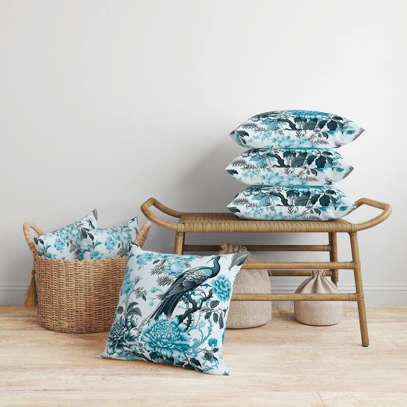 Peacock Panache Faux Suede Reversible Throw Pillow Turquoise and Grey
