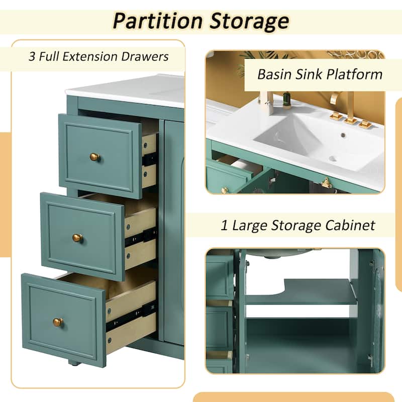 Lake Green Storage Cabinet Bathroom Vanity with Side Shelves, Translucent Glass Doors, Delicate Golden Handle and Knobs