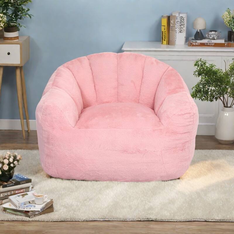Faux Fur Bean Bag Lounge Chairs with Armrests and High-Density Foam Filling - Pink