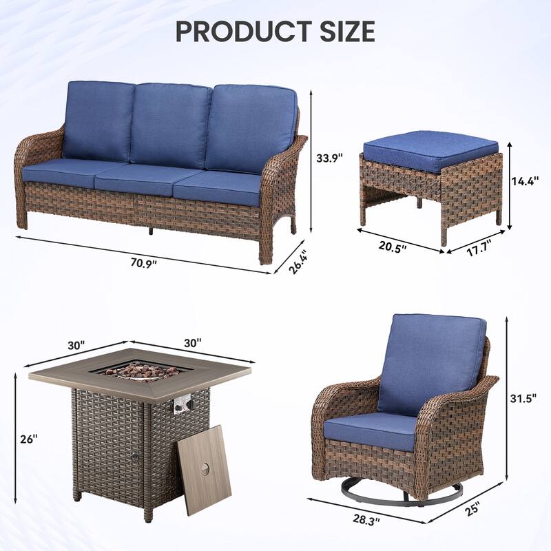 Pocassy Patio Funiture Sofa Swivel Chair Ottoman with Fire Table Set