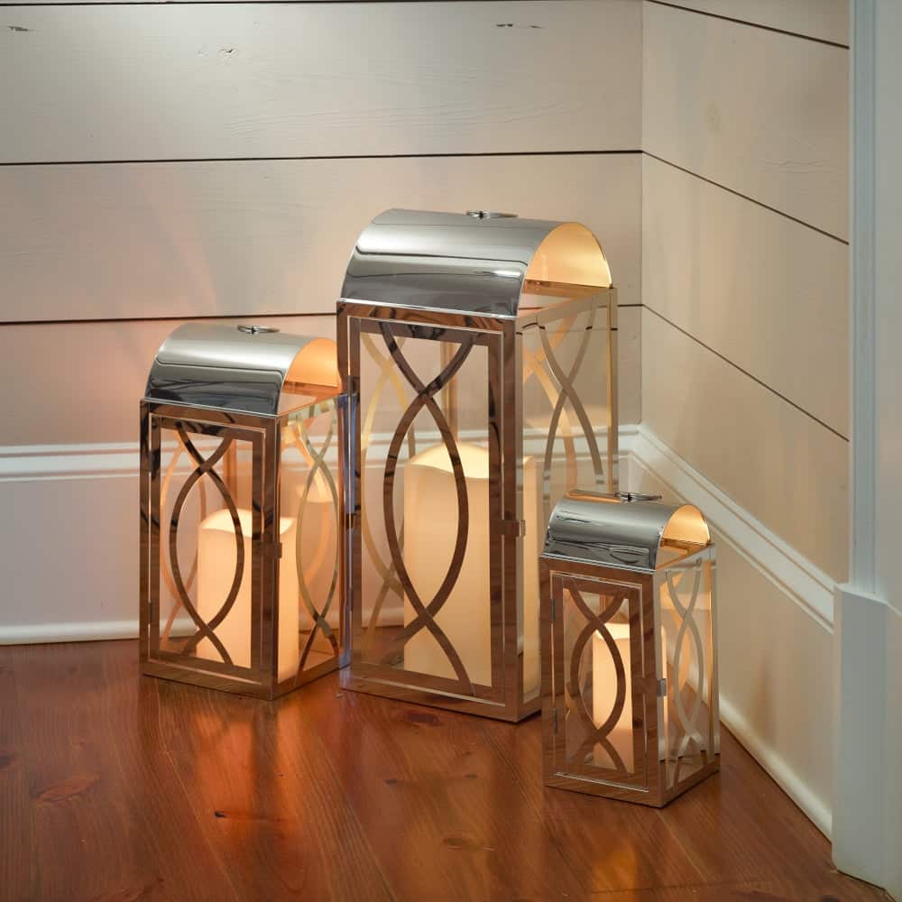 Set of 3 Indoor-Outdoor Rogan Metal Lanterns- Stainless Steel