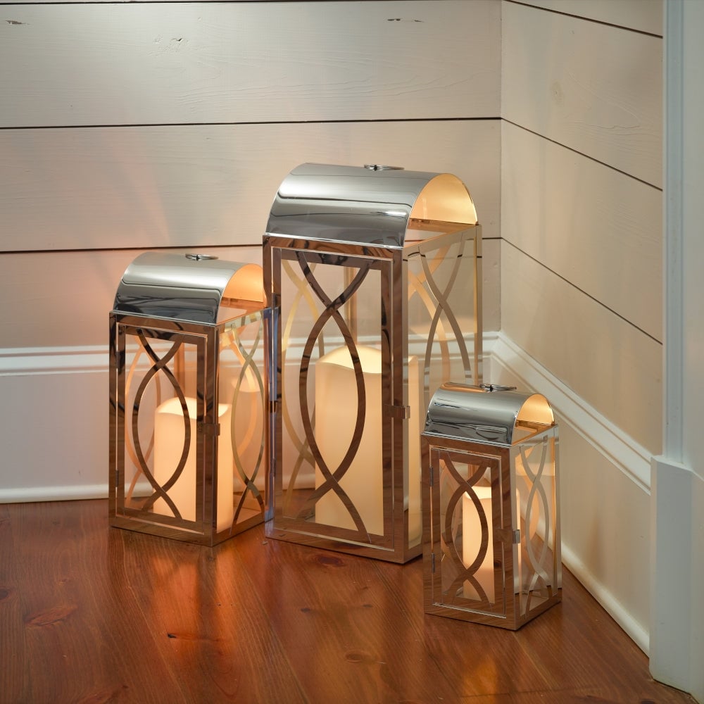 Set of 3 Indoor-Outdoor Rogan Metal Lanterns- Stainless Steel
