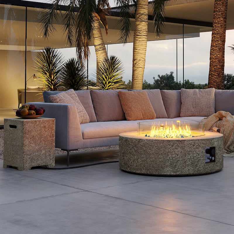 Patio Watcher 42in. Outdoor Round Magnesium Oxide Fire Pit Table with Gas Tank Cover and Wind Guard - Beige with horizontal stripes