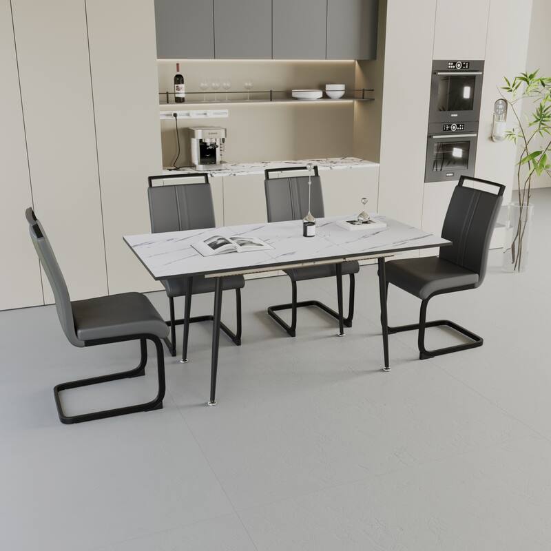 5-Piece Expandable Dining Table Set with C-shaped Tubular Cushioned Armless Chair, Scratch Resistant Plastic Feet