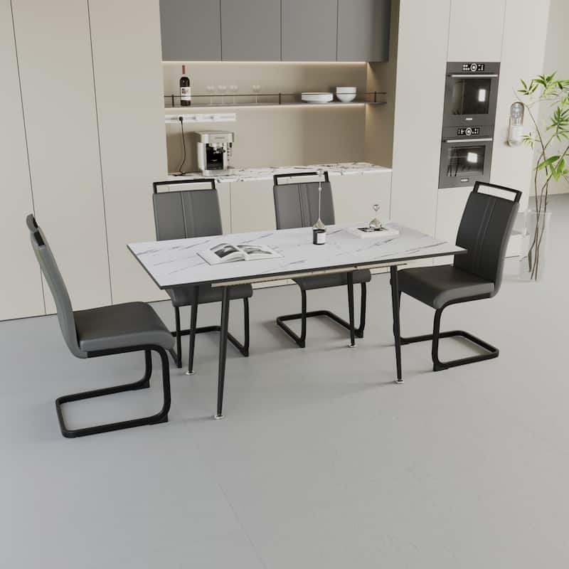 Modern Dining Set with Rectangular Extendable Table & High Back C-shaped Tube Chairs