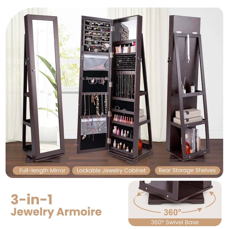 Costway 360degree Rotatable Jewelry Cabinet 2-in-1 Lockable Mirrored - See Details