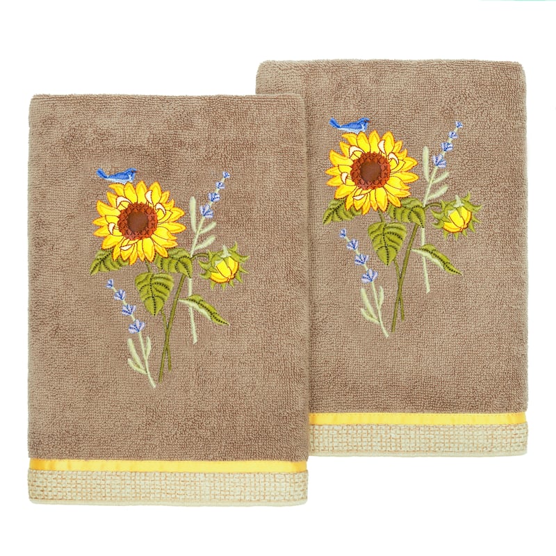 Authentic Hotel and Spa 100% Turkish Cotton Girasol 2PC Embellished Hand Towel Set - Cocoa