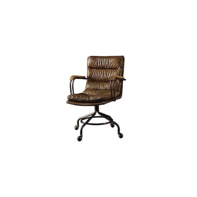 Antique Office Chair - Metal Leather Desk Chair, Swivel Task Chair, Vintage Style, Brown, 22"W x 26"D x 36"H