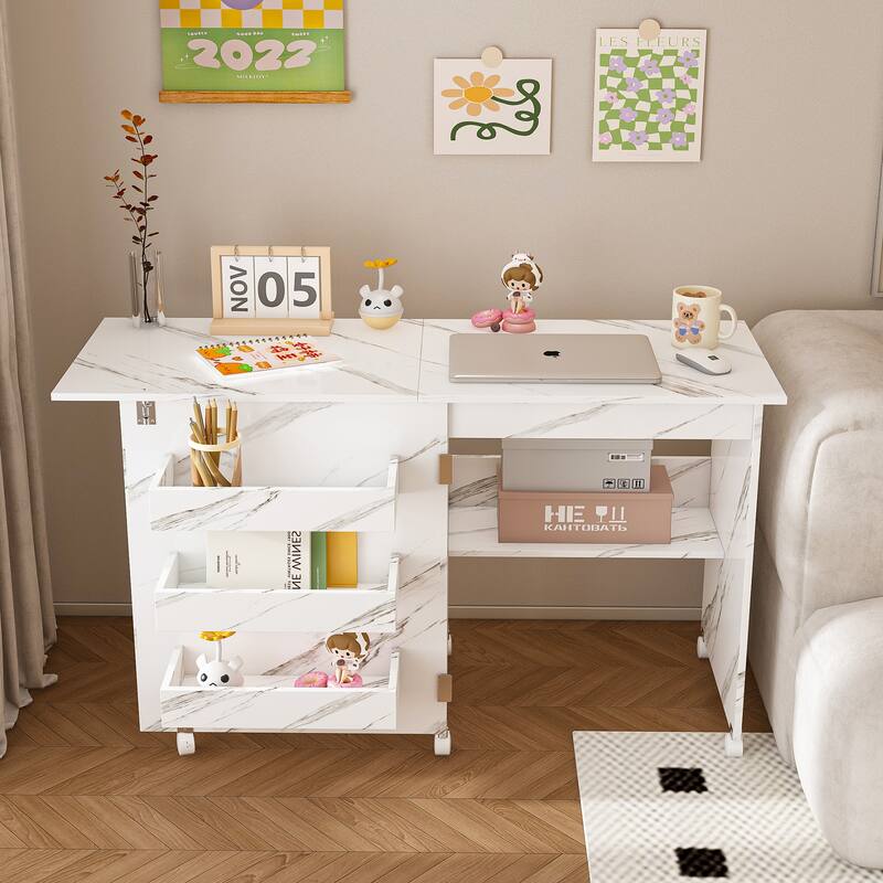White 4-in-1 Foldable Sewing Table with Storage Shelves and Lockable Wheels Reinforced Steel Hinges