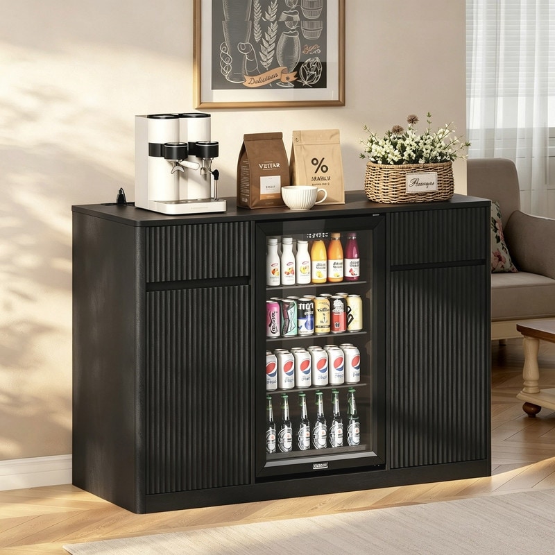 Large Coffee Bar Cabinet With Fridge Space & Power Outlet, Fluted Modern Fridge Cabinet With Wine Storage & Adjustable Shelf