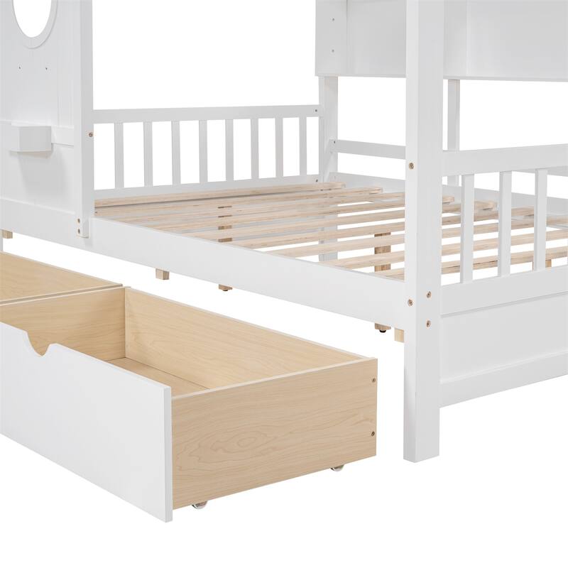 Wooden Full Size House Bed with 2 Drawers and Storage Shelf