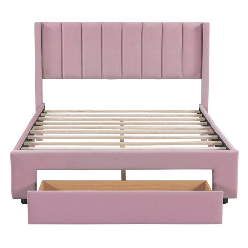 Velvet Upholstered Storage Platform Bed with a Drawer