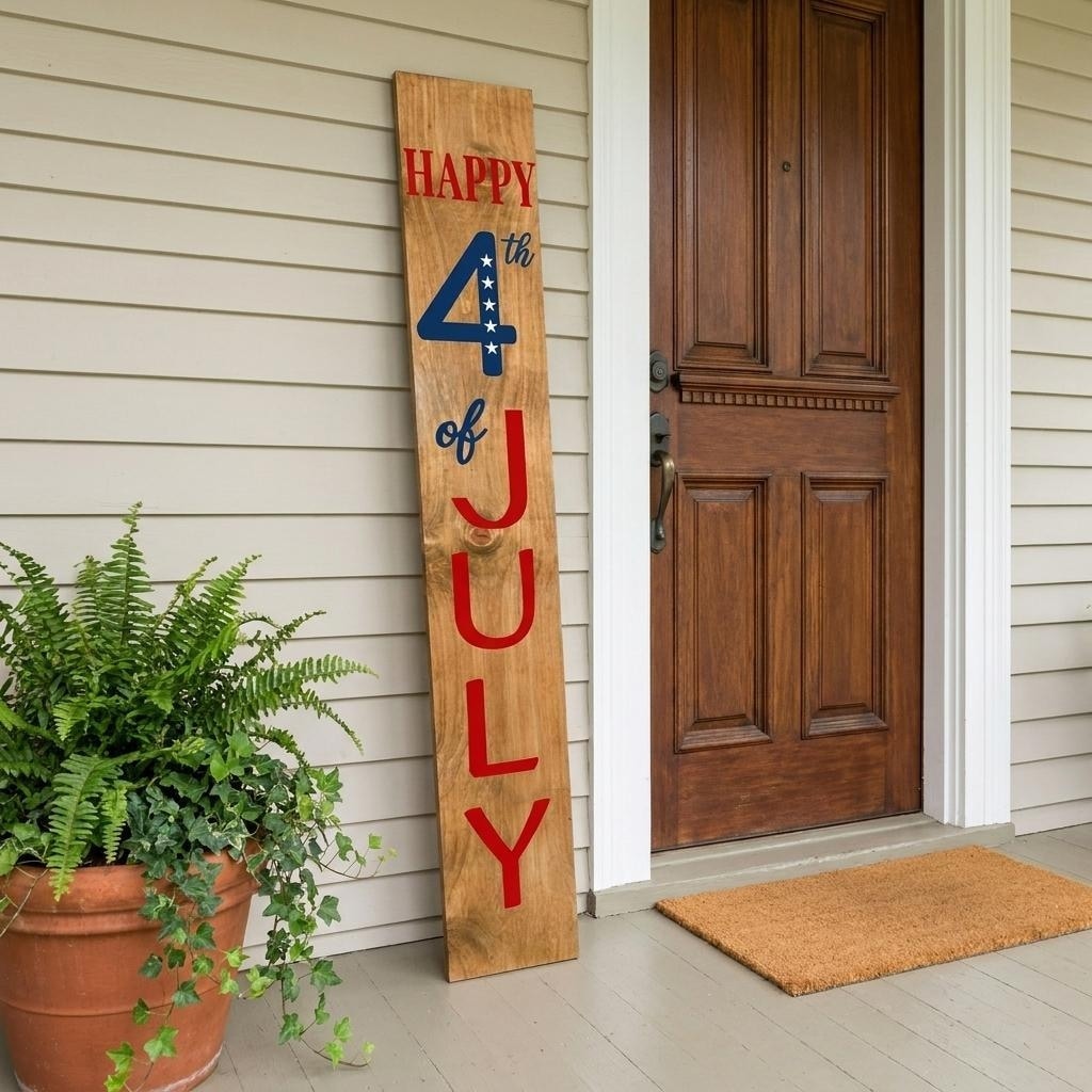 HomeRoots 59" Natural Red White And Blue Solid Wood Happy July 4th Porch Sign