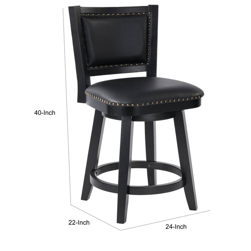 Kera Swivel Counter Height Stool Chair, Black Wood, Nailhead Faux Leather