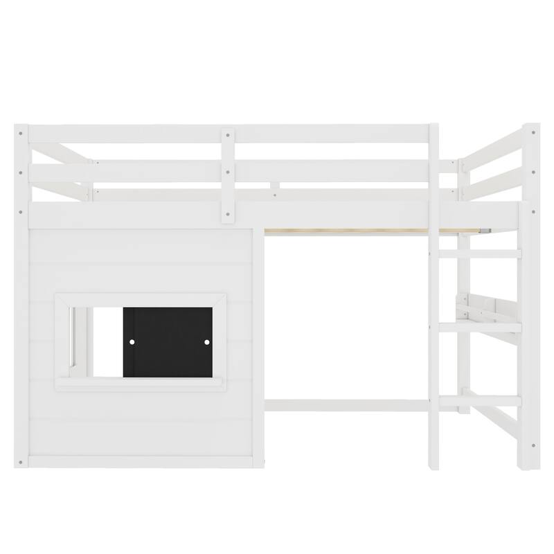 Full Size loft bed with a playful sliding chalkboard, built-in bookshelf, and high-quality safety rails
