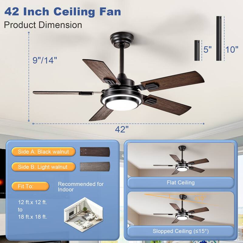 42-52Inch Ceiling Fan with Light: with 5 Blades Dual Finish Reversible - with Remote Control for Living Room Outdoor Patios