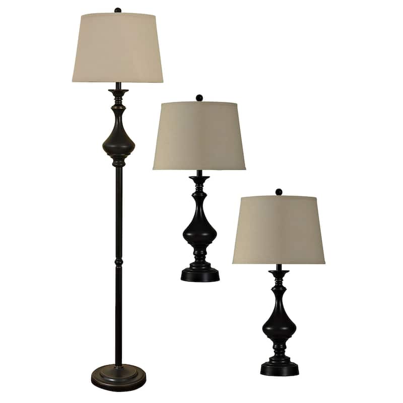 StyleCraft Madison Bronze Table and Floor Lamp Set - White Hardback Fabric Shade (Set of 3)